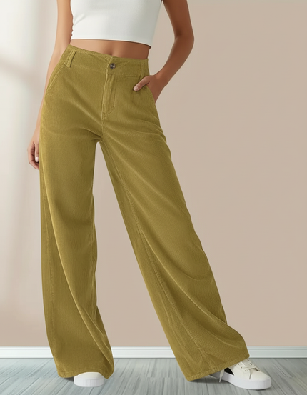 Pantalon Chino Velours Côtelé Vert Ample Taille Haute Femme - Kaki Cordé