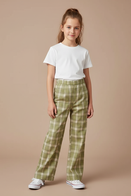 Pantalon Chino Vert Carreaux Ample Décontracté Fille - Gabardine