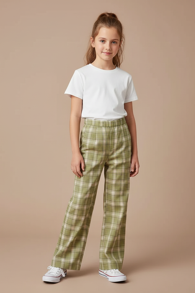 Pantalon Chino Vert Carreaux Ample Décontracté Fille - Gabardine
