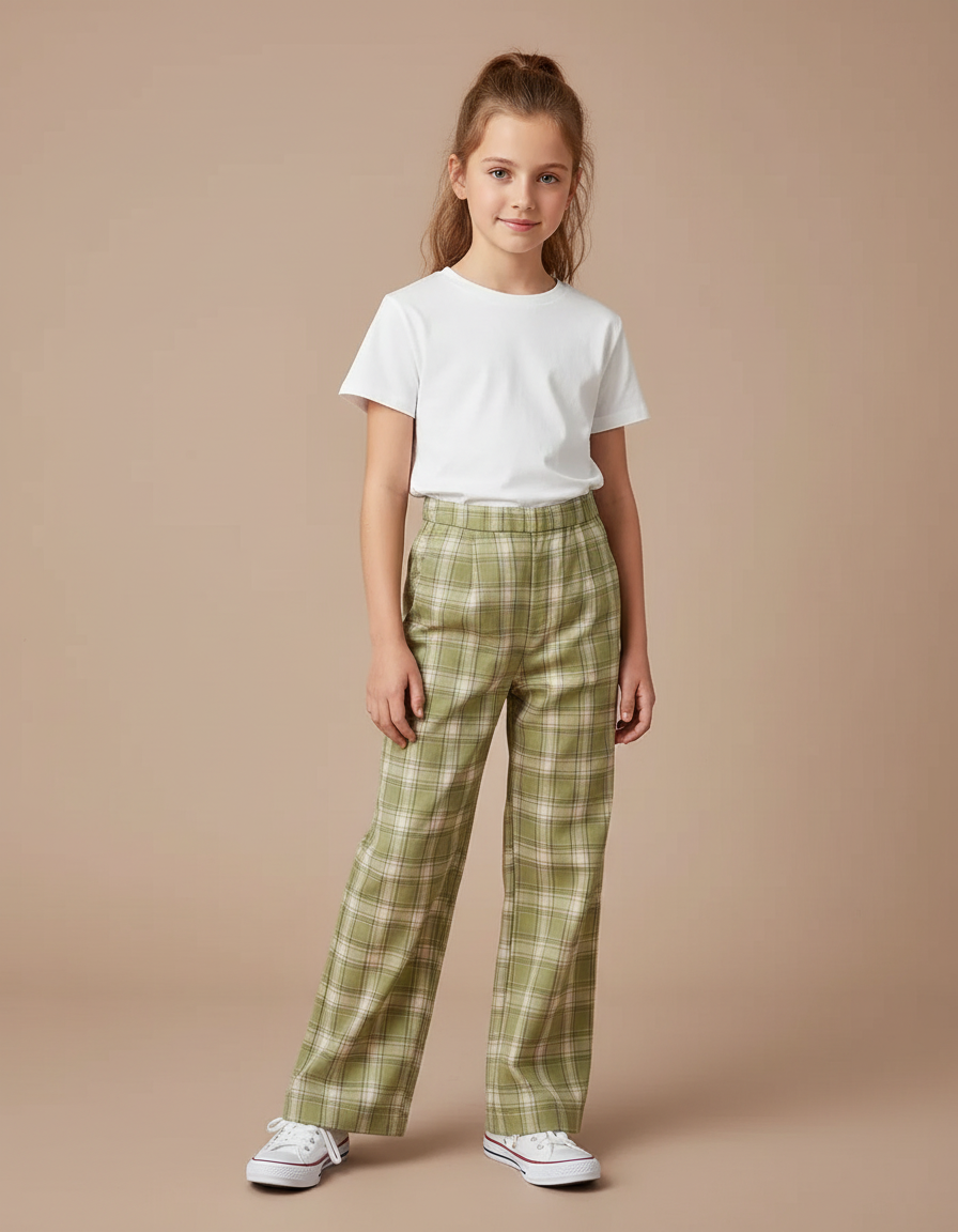Pantalon Chino Vert Carreaux Ample Décontracté Fille - Gabardine