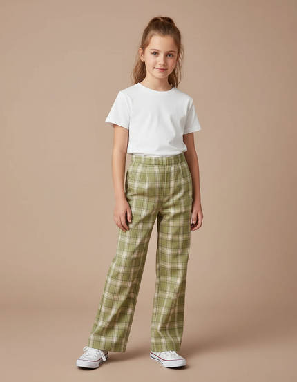 Pantalon Chino Vert Carreaux Ample Décontracté Fille - Gabardine