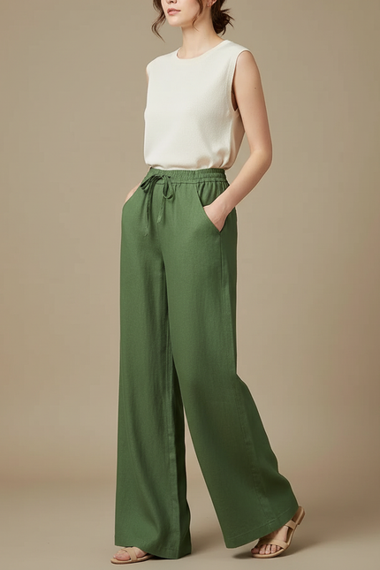 Pantalon Chino Vert Ample Cordon Lin Femme