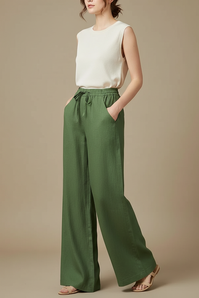 Pantalon Chino Vert Ample Cordon Lin Femme