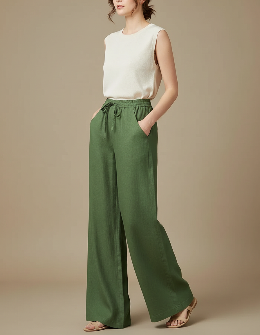 Pantalon Chino Vert Ample Cordon Lin Femme