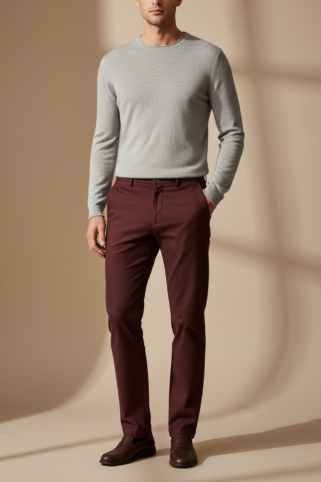 Pantalon Chino Bordeaux Droit Laine Mélangée Élégant Homme
