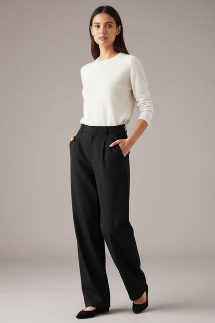 Pantalon Chino Noir Ample Fluide Élégant Hiver - Polyester