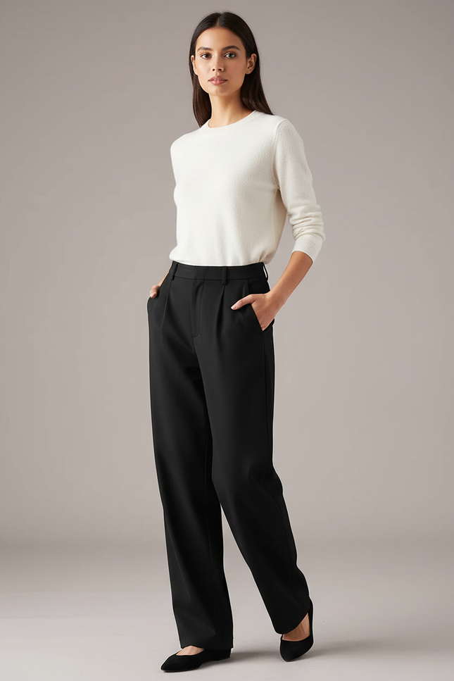 Pantalon Chino Noir Ample Fluide Élégant Hiver - Polyester