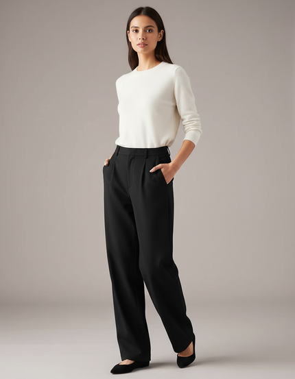 Pantalon Chino Noir Ample Fluide Élégant Hiver - Polyester