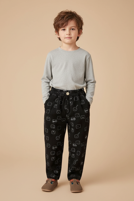 Pantalon Chino Noir Côtelé Imprimé Émojis Ample Enfant - Cordé
