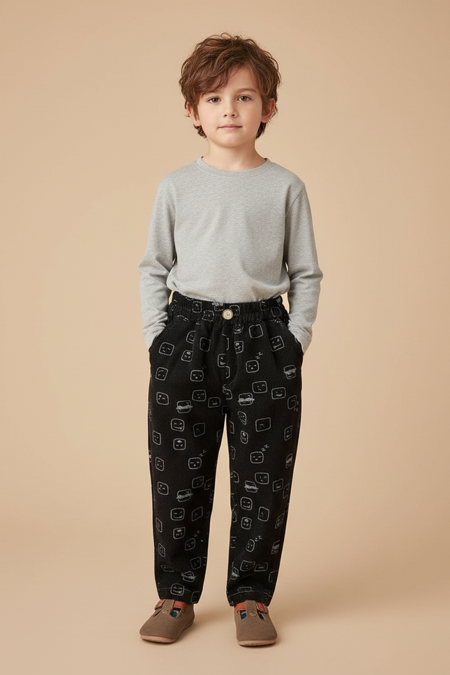 Pantalon Chino Noir Côtelé Imprimé Émojis Ample Enfant - Cordé