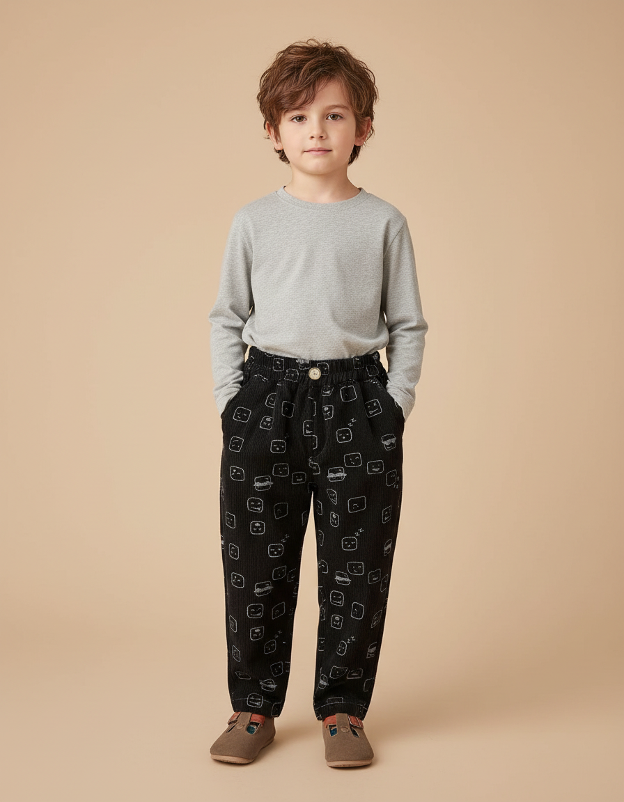 Pantalon Chino Noir Côtelé Imprimé Émojis Ample Enfant - Cordé