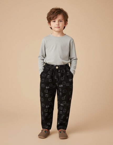 Pantalon Chino Noir Côtelé Imprimé Émojis Ample Enfant - Cordé