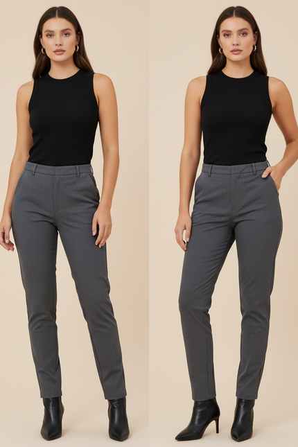 Pantalon Chino Gris Slim Élégant Cropped Femme - Polyester
