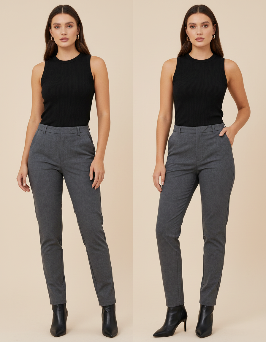 Pantalon Chino Gris Slim Élégant Cropped Femme - Polyester
