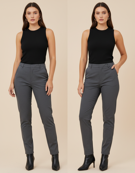 Pantalon Chino Gris Slim Élégant Cropped Femme - Polyester
