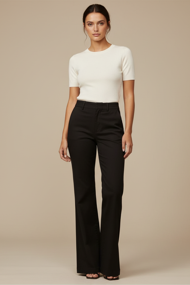 Pantalon Chino Noir Évasé Taille Haute Femme - Gabardine