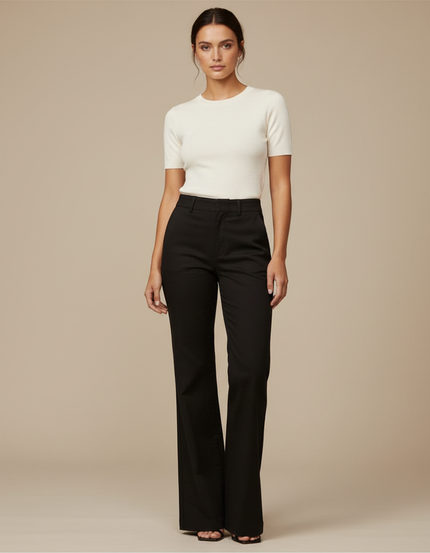 Pantalon Chino Noir Évasé Taille Haute Femme - Gabardine