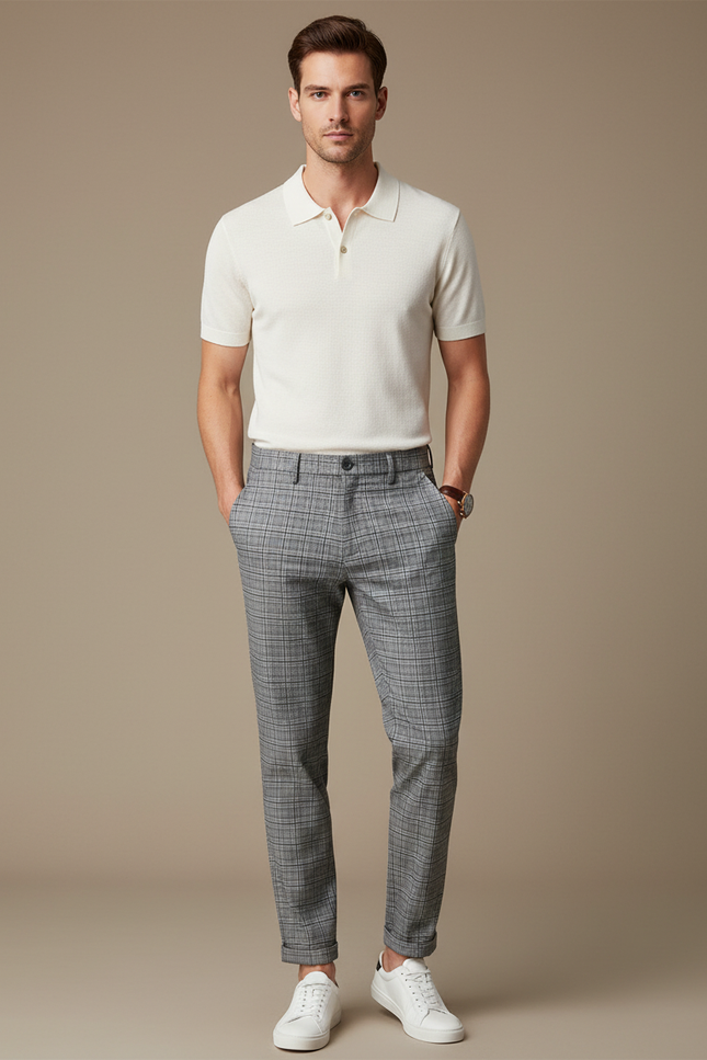 Pantalon Chino Carreaux Gris Slim Élégant - Polyester