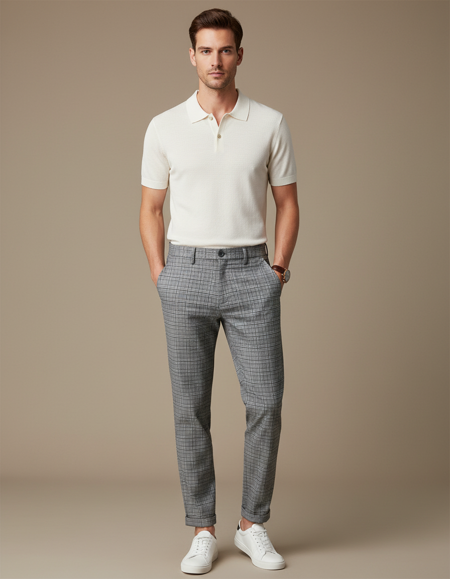 Pantalon Chino Carreaux Gris Slim Élégant - Polyester