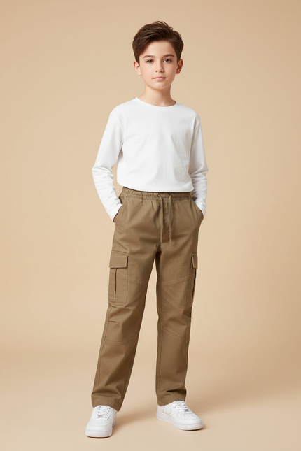 Pantalon Chino Kaki Cargo Coton Droit Garçon - Gabardine