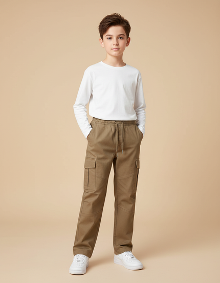 Pantalon Chino Kaki Cargo Coton Droit Garçon - Gabardine