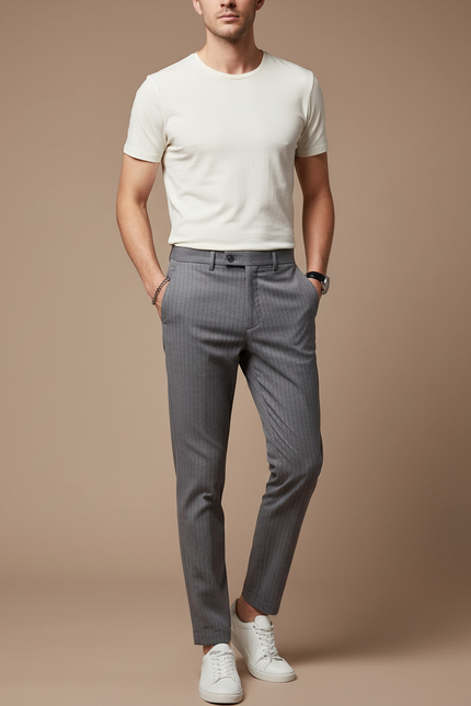 Pantalon Chino Homme Slim Rayé Gris Élégant - Gabardine