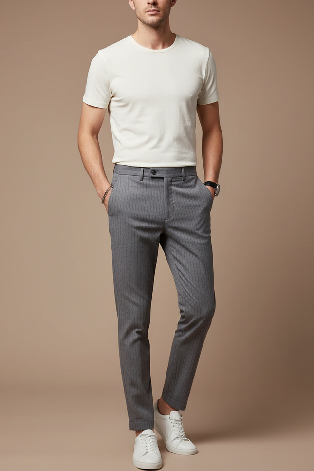 Pantalon Chino Homme Slim Rayé Gris Élégant - Gabardine