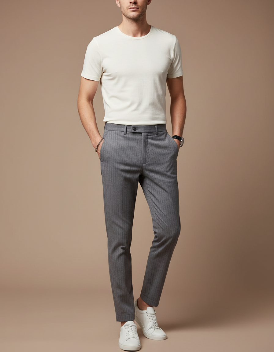 Pantalon Chino Homme Slim Rayé Gris Élégant - Gabardine