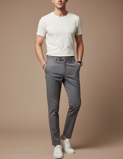 Pantalon Chino Homme Slim Rayé Gris Élégant - Gabardine