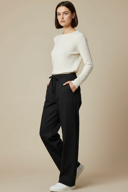Pantalon Chino Noir Ample Fluide Décontracté Femme - Polyester