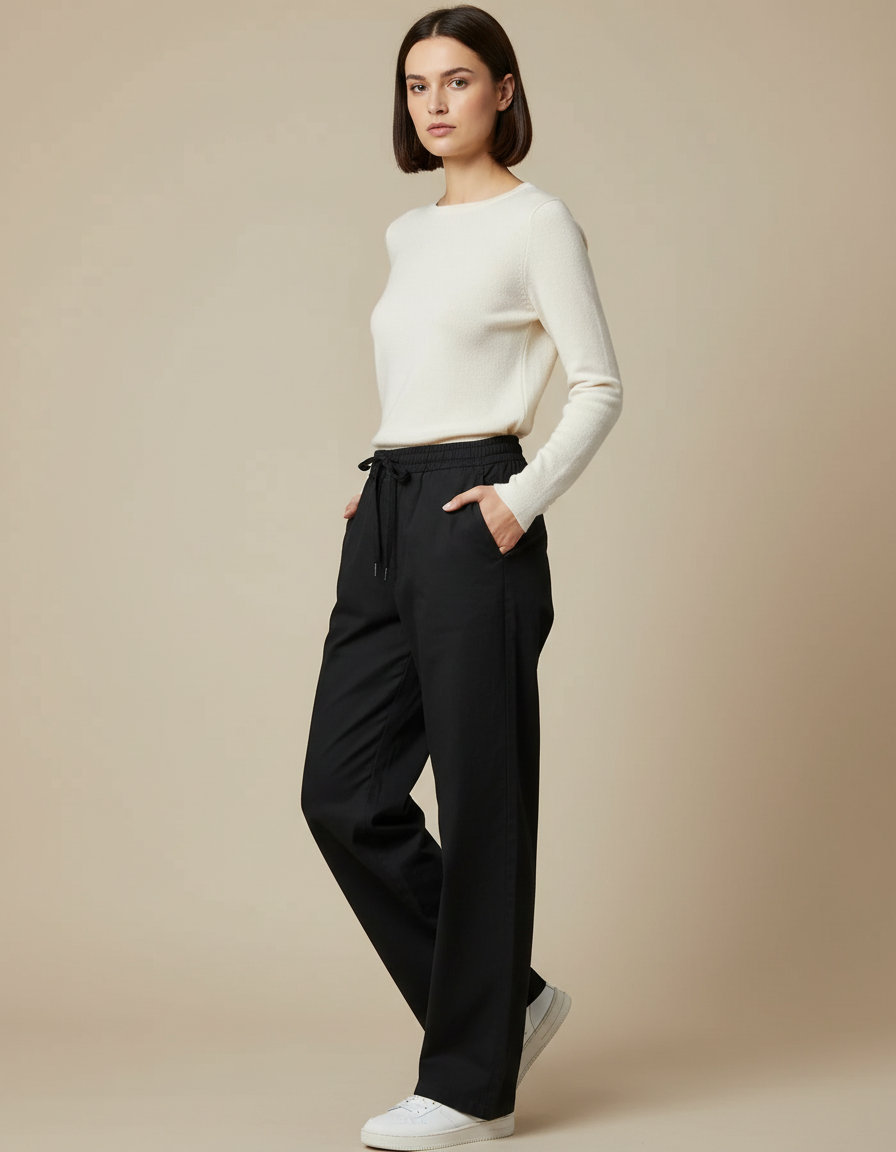 Pantalon Chino Noir Ample Fluide Décontracté Femme - Polyester