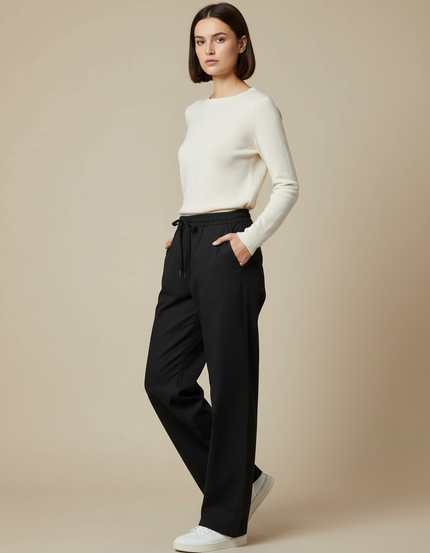 Pantalon Chino Noir Ample Fluide Décontracté Femme - Polyester