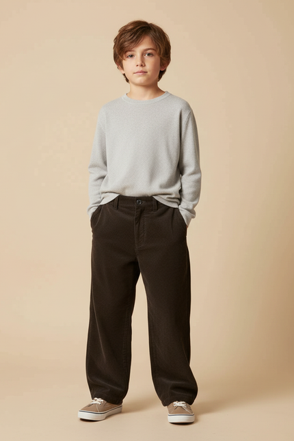 Pantalon Chino Marron Côtelé Ample Garçon Décontracté - Cordé