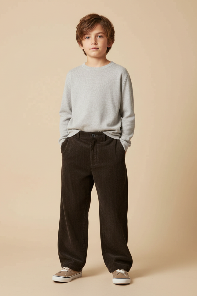 Pantalon Chino Marron Côtelé Ample Garçon Décontracté - Cordé