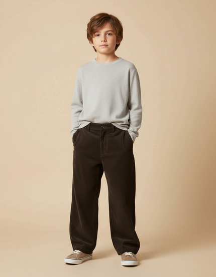 Pantalon Chino Marron Côtelé Ample Garçon Décontracté - Cordé