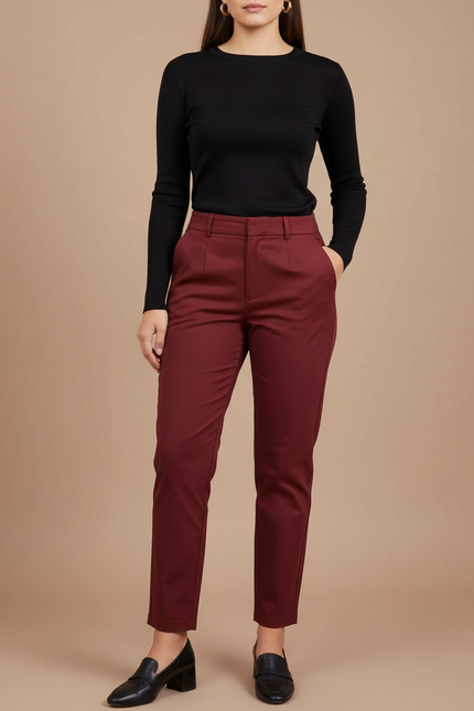 Pantalon Chino Bordeaux Taille Haute Slim Femme - Gabardine