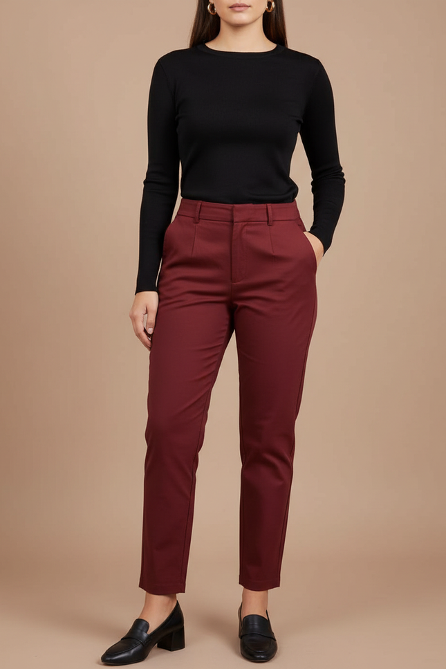 Pantalon Chino Bordeaux Taille Haute Slim Femme - Gabardine