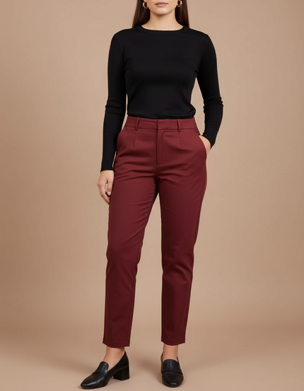 Pantalon Chino Bordeaux Taille Haute Slim Femme - Gabardine