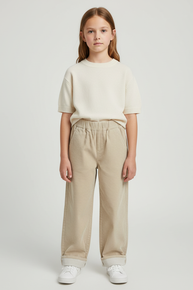 Pantalon Chino Fille Beige Coupe Ample - Cordé