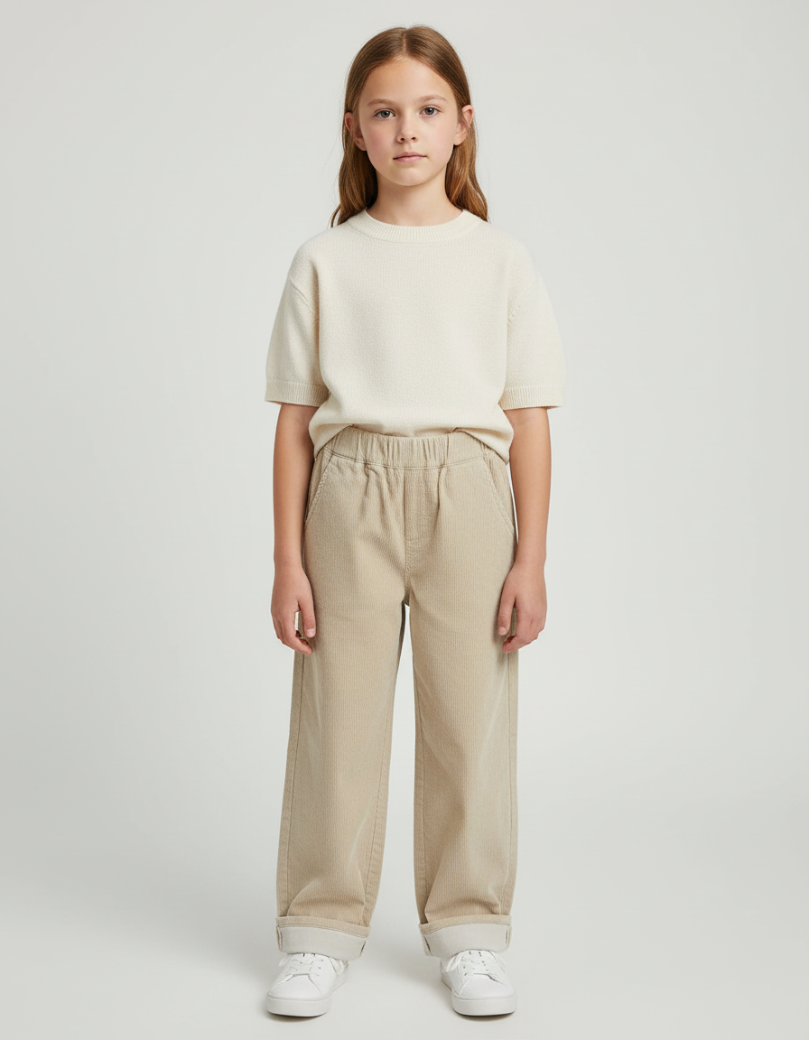 Pantalon Chino Fille Beige Coupe Ample - Cordé