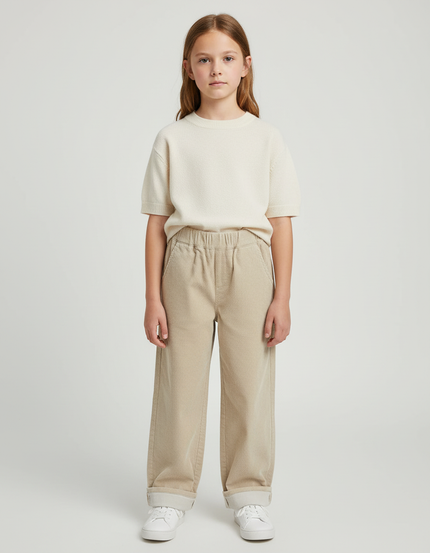Pantalon Chino Fille Beige Coupe Ample - Cordé