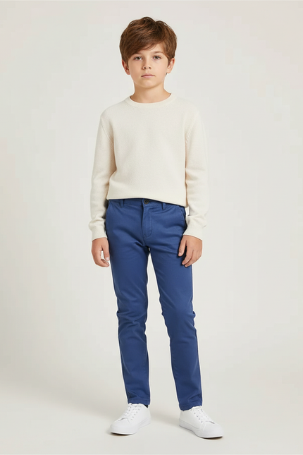 Pantalon Chino Bleu Marine Coton Ajusté Garçon Élégant