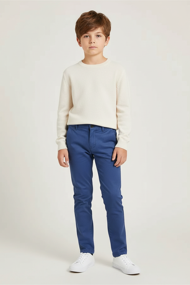 Pantalon Chino Bleu Marine Coton Ajusté Garçon Élégant