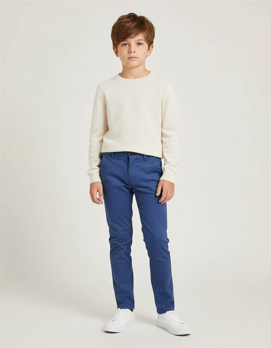 Pantalon Chino Bleu Marine Coton Ajusté Garçon Élégant