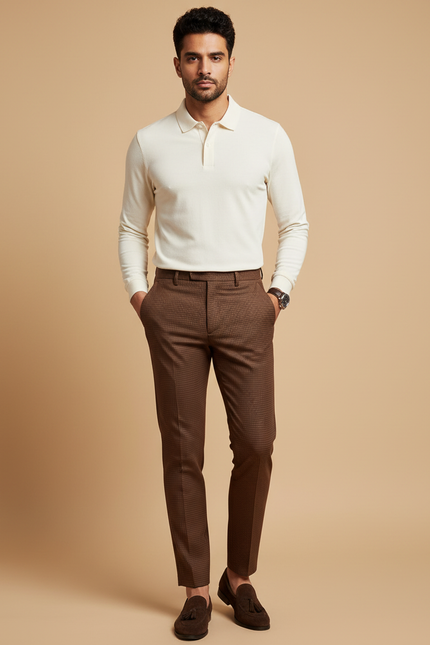 Pantalon Chino Marron Slim Motif Texturé Homme - Laine