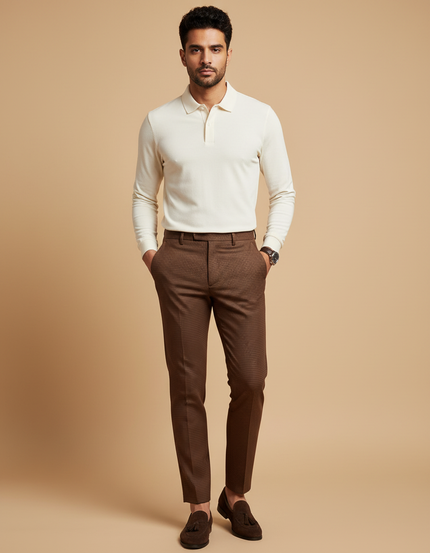 Pantalon Chino Marron Slim Motif Texturé Homme - Laine