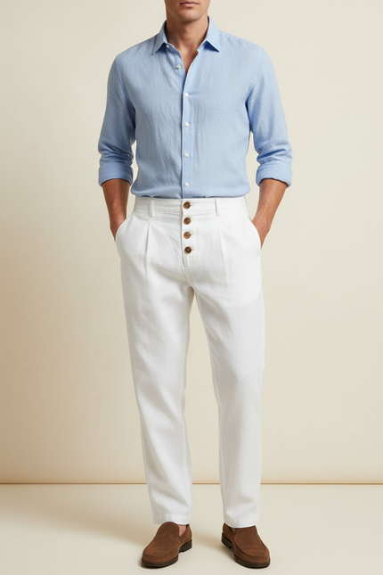 Pantalon Chino Blanc Lin Plissé Boutons Décontracté Homme