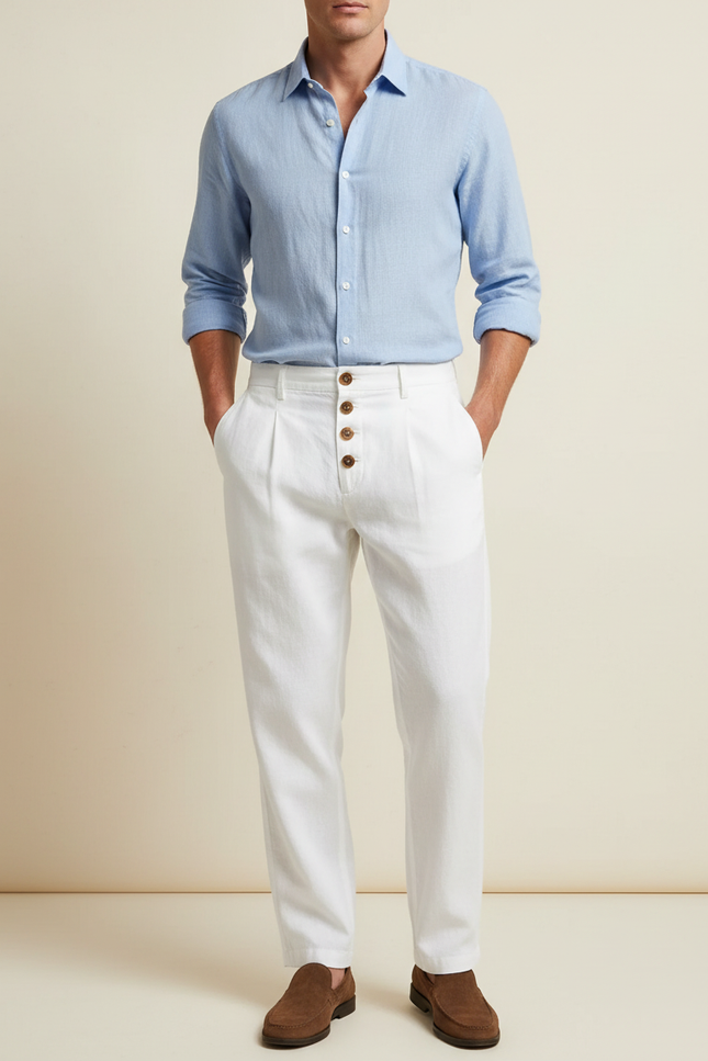 Pantalon Chino Blanc Lin Plissé Boutons Décontracté Homme