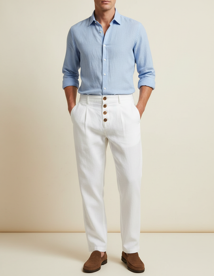 Pantalon Chino Blanc Lin Plissé Boutons Décontracté Homme