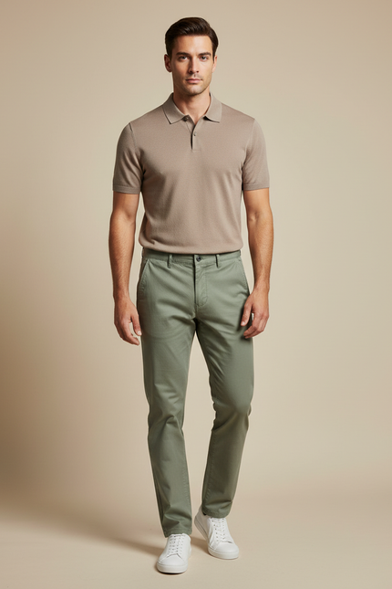 Pantalon Chino Vert Olive Coton Droit Décontracté - Kaki